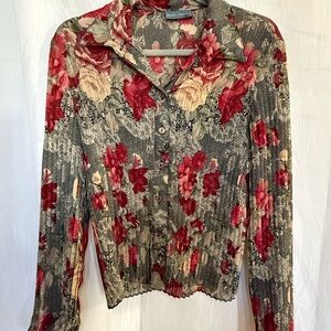 Burke Avenue Vintage Floral Crinkle Blouse Button Up Long Sleeve Lace Print EUC